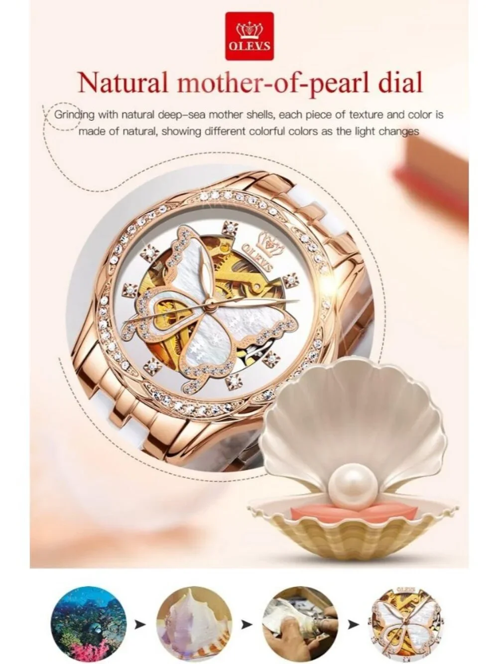 Olevs Womens Rose Gold Butterfly Skeleton Diamond Automatic Elegant Luxury Watch